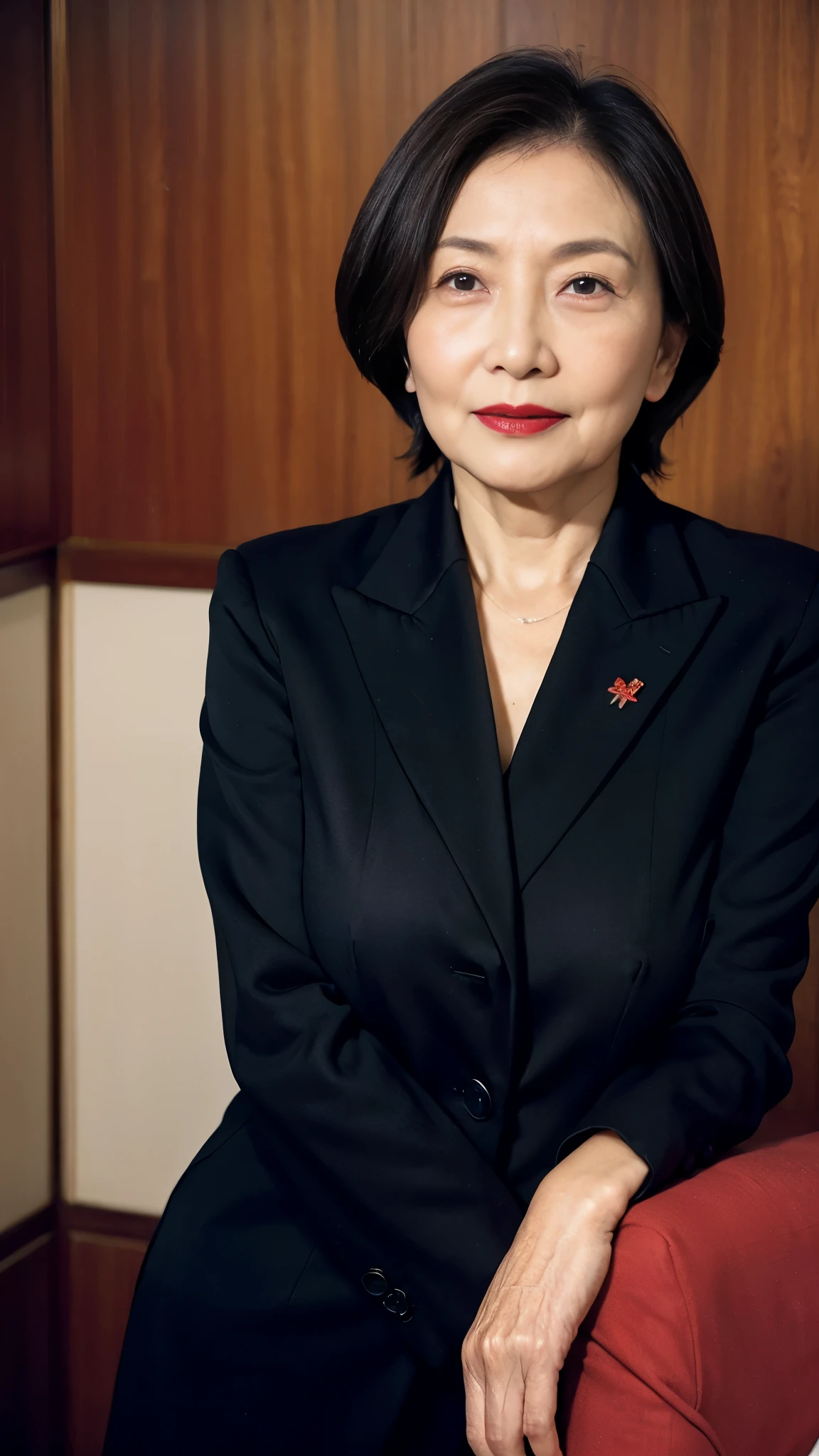 Masterpiece, Depth of written boundary, ((Great focus)), gravure, 32K, Beautiful finish, Japanese, Beautiful mature woman、80-year-old woman、High Career, Corporate Executive, Photo of your ID、Long face, Big Breasts, Red lips, Thin lips, business suit、Round 1, Light from the front,
