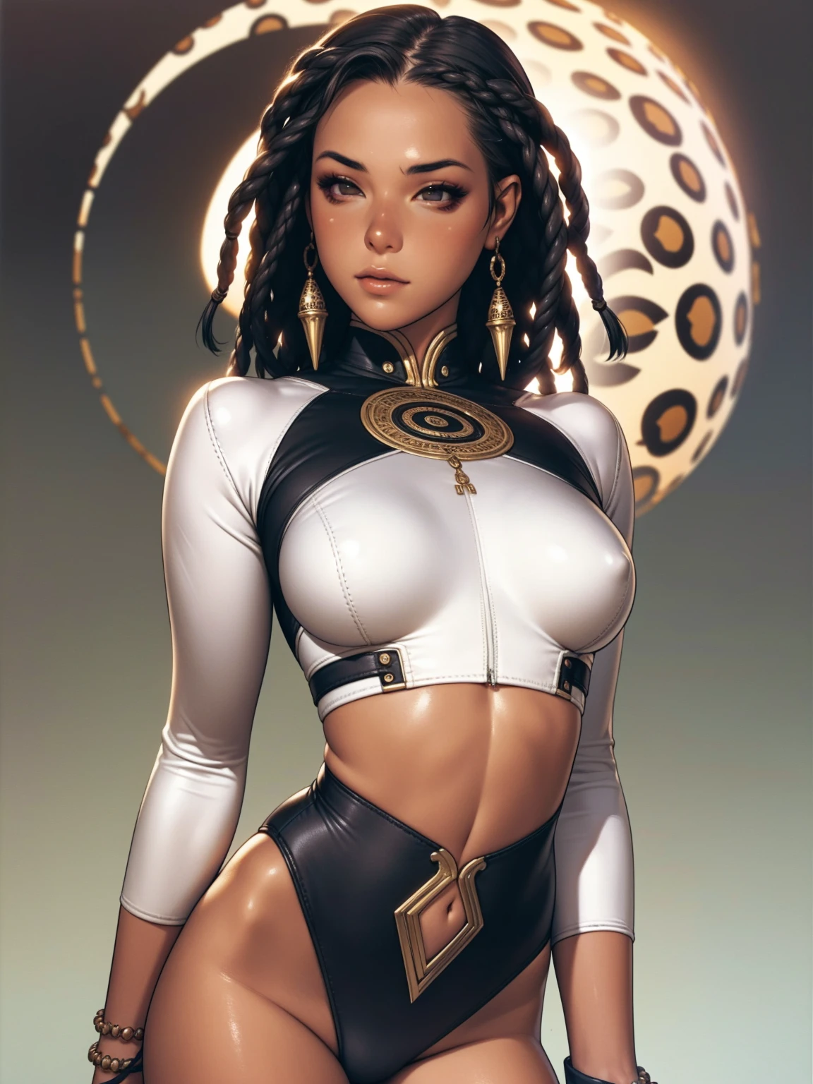 ((best qualityer)), ((work of art)), (detailded: 1.4), (absurdrez), (((black girl))), african girl, (((skin black, darkskin))), (((leopard skin))), afro girl, Zulu warrior, African bracelets and necklaces, skin black, cybernetic hands, short clothes made from leopard skin, african savannah, defined muscular sculptural body, all-body, coxas nuas, cloused mouth, body covered in roughly sewn fur clothing, ((perfect medium breasts)),  (super light brown eyes), ((afro hair)), (((cabelo preto e branco com dreadlocks)))), long black eyelashes heavy makeup, various African jewels, naked legs, by mucha, private--V5, close to real, psychopath, pose sexy, fundo african savannah, 2 piece outfit, cake, centred, scale to adjust dimensions, HDR (high-range dynamics), ray tracing,nvidia RTX,Super-resolution,Irreal 5,subsurface scattering, PBR Texture, Post-processing, Anisotropic filtering, Depth of field, Maximum clarity and sharpness, Multilayer textures, Albedo and Specular Maps, Surface shading, Accurate simulation of light-material interaction, perfect proportions, octane rendering, two tone lighting, large aperture, Low ISO, White balance, rule of thirds, 8K CRU, African standards