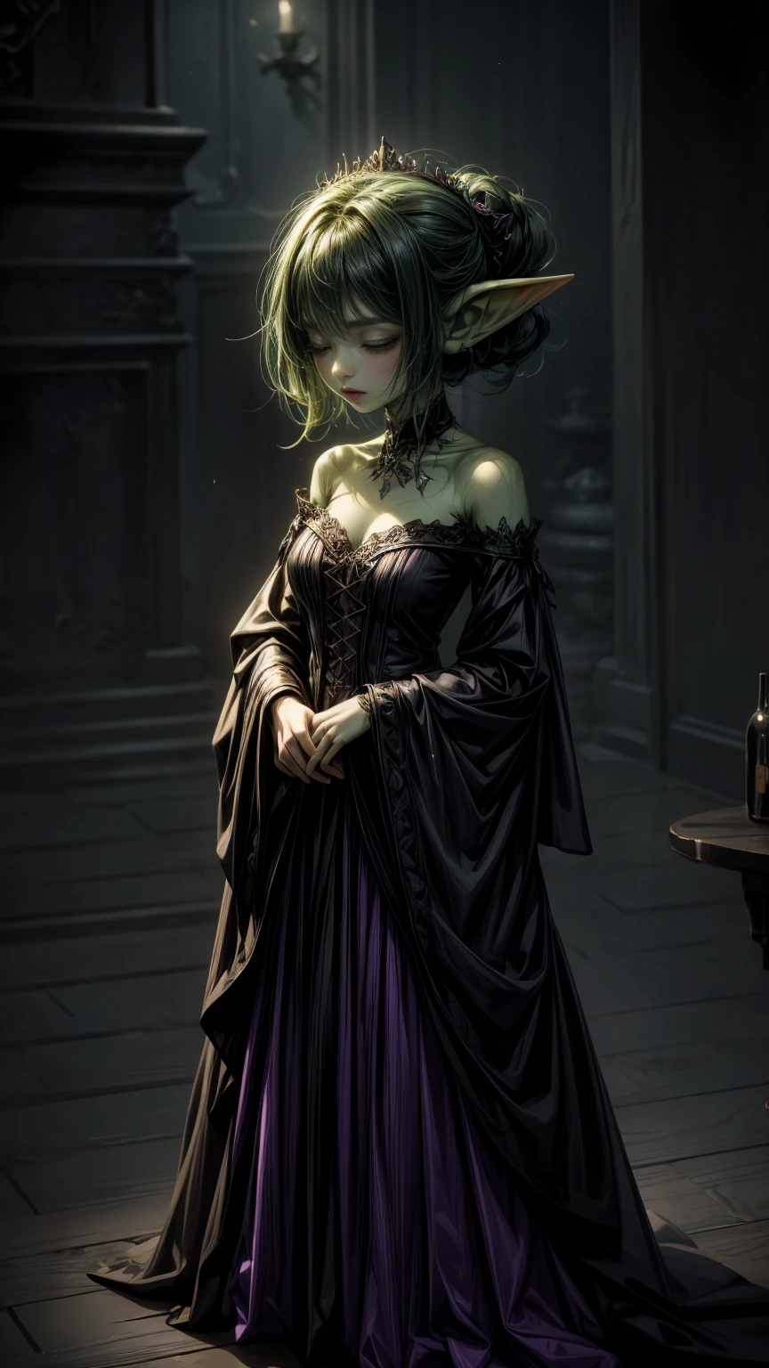 absurdrez, ((best quality)), ((masterpiece)), (detailed), dark gothic horror style, Halloween style, very small goblin girl, (green skin), pointy ears, (short purple hair with black streaks pixie hairstyle), aloof expression, eyes closed, closed eyes, wearing ornate large black ball gown, full body, elegant, beautiful, romantic lighting,facing camera,simple black background,in mourning,head bowed in prayer,standing