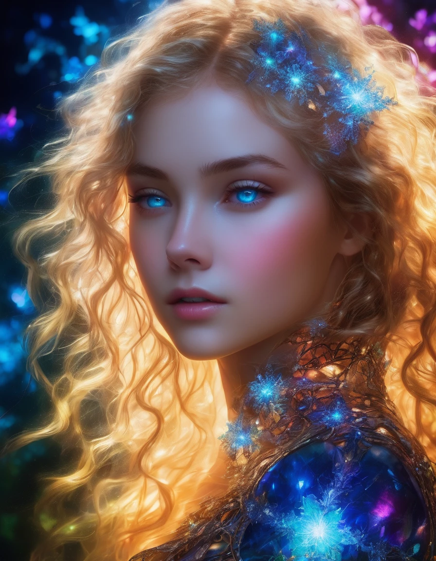 Stunning 18 year old girl, blonde and curly hair, detailed blue eyes, highest quality, Broken Glass effect, fractal background, stunning, something that doesn't even exist, mythical being, mysterious, (((perfect full body from the knee up))) , energy, molecular, textures, iridescent and luminescent scales, breathtaking beauty, pure perfection, divine presence, unforgettable, impressive, breathtaking beauty, volumetric light, auras, rays, vivid neon colors reflect.