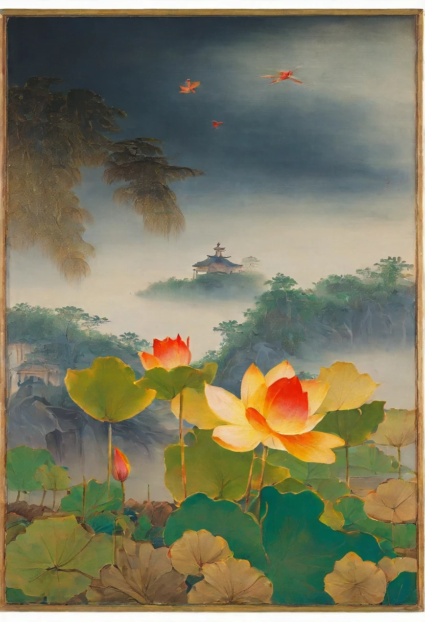 lotus flower, and a bird in the distance, by Miao Fu, by Jin Nong, heise jinyao