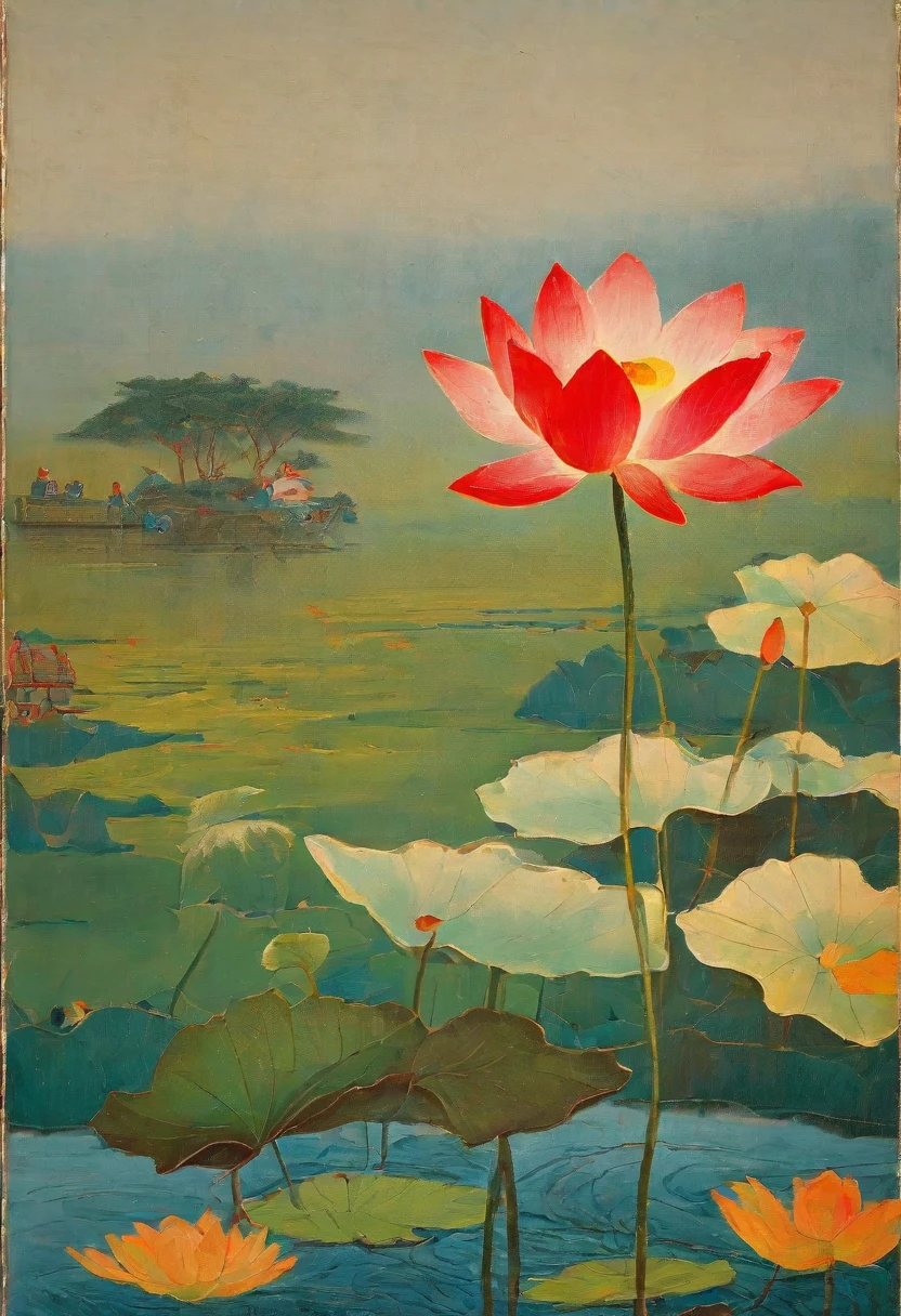 lotus flower, and a bird in the distance, by Miao Fu, by Jin Nong, heise jinyao