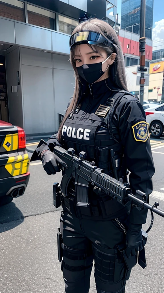 Police soldier woman, swat vest, black gloves, swat helmet head, behind long hair, ninja full mask, grip assault ak74,