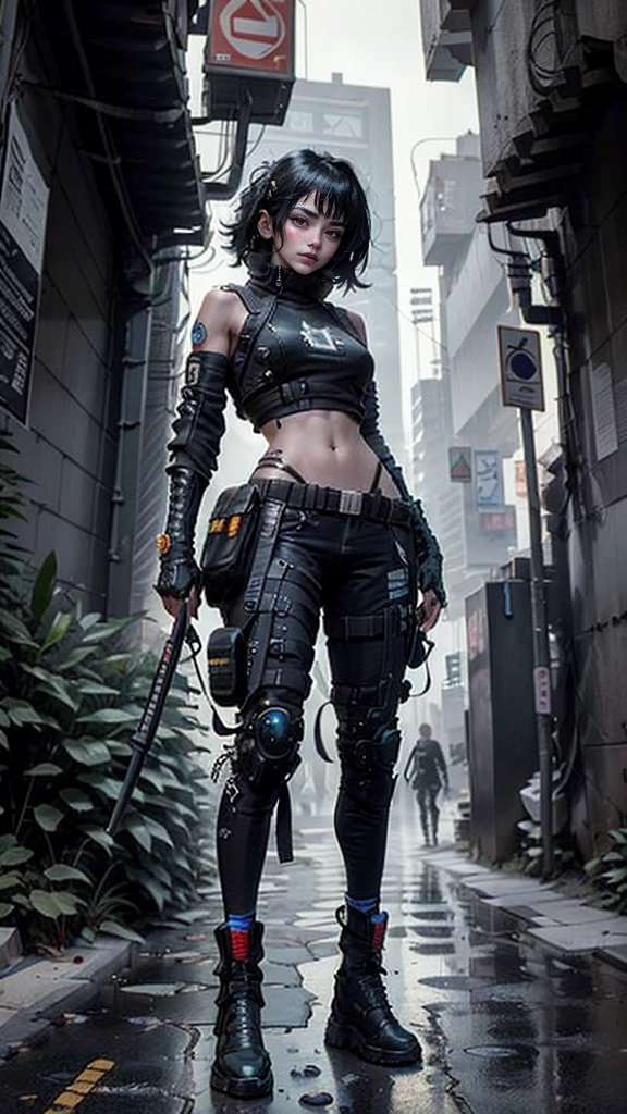 ((Best quality)), ((masterpiece)), (highly detailed:1.3), 3D, beautiful (cyberpunk:1.3) street samurai woman with thick shapeless hair, pistols worn on hips.
