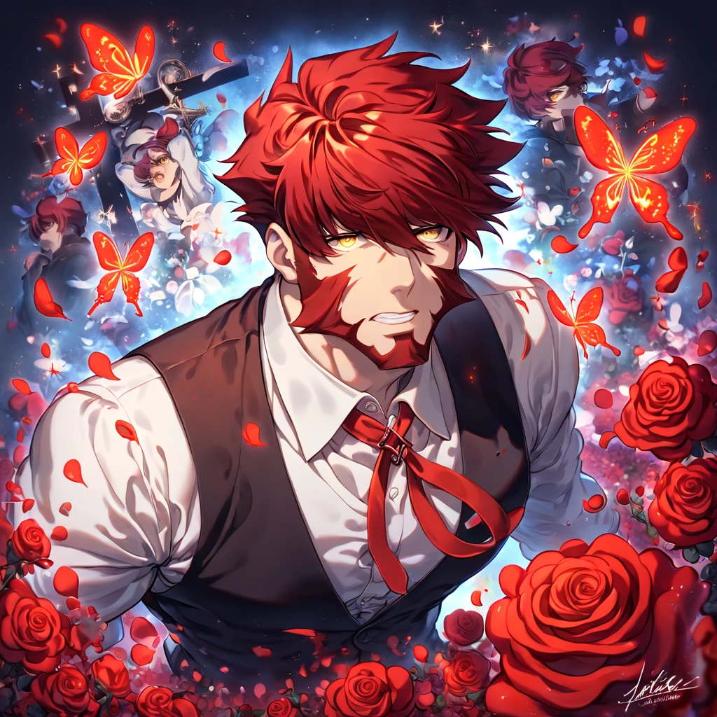 absurdres, highres, ultra detailed, HDR, master piece, best quality, extremely detailed face and eyes, Klaus Von Reinhertz, red hair, expressive yellow eyes, Kekkai Sensen, solo, sexy man, handsome, white shirt, black vest, cross, red butterflies, petals, magical, red roses, fantasy