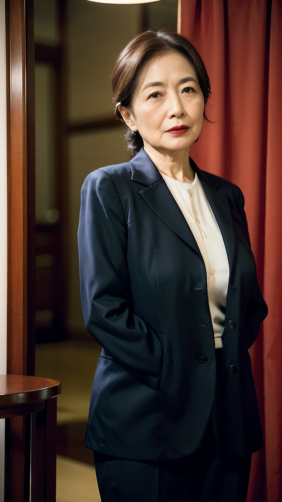 Masterpiece, Depth of written boundary, ((Great focus)), gravure, 32K, Beautiful finish, Japanese, Beautiful mature woman、80-year-old woman、High Career, Corporate Executive, Photo of your ID、Long face, Big Breasts, Red lips, Thin lips, business suit、Round 1, Light from the front,