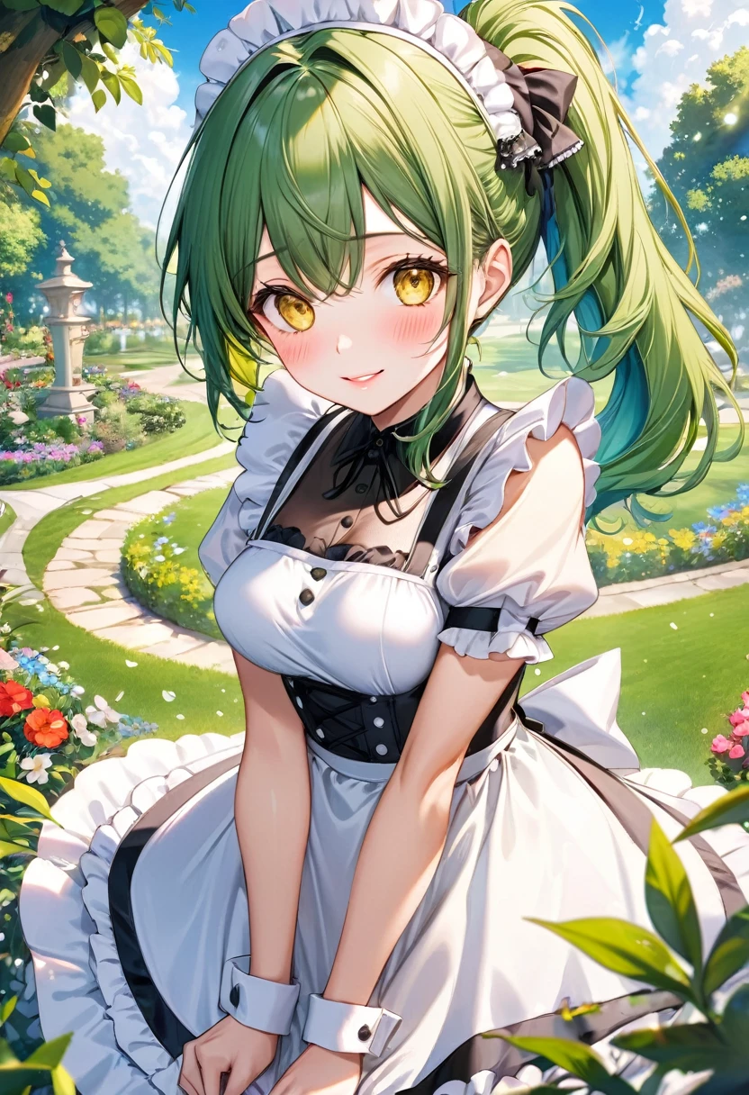 (beautiful style), (pov, solo:2, 15 yo), (beautiful detailed ponytail) (beautiful detailed green hair long hair) (best fighter cute girl, best sexy yellow eyes, glossy lip, best grow love smile, blushing face, medium tits), in a immensely beautiful summer maid dress, break, in the beautiful enchanted garden, background beautiful summer sky, BREAK, perfect anatomy, masterpiece, best quality, beautiful detailed pastel color, daydreaming expression.
