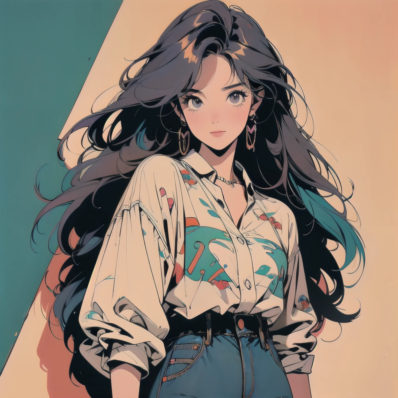 whole body, Upper Body, Messy room, Apartment, 1 girl, 4K, Warm colors , mysterious , skirt, blouse、Faint lighting、Detailed Hair、Perfect Face、80s fashion、retro color、Highest quality、Detailed Background、Complex background、sunset、Hair color mixed with various colors、anime