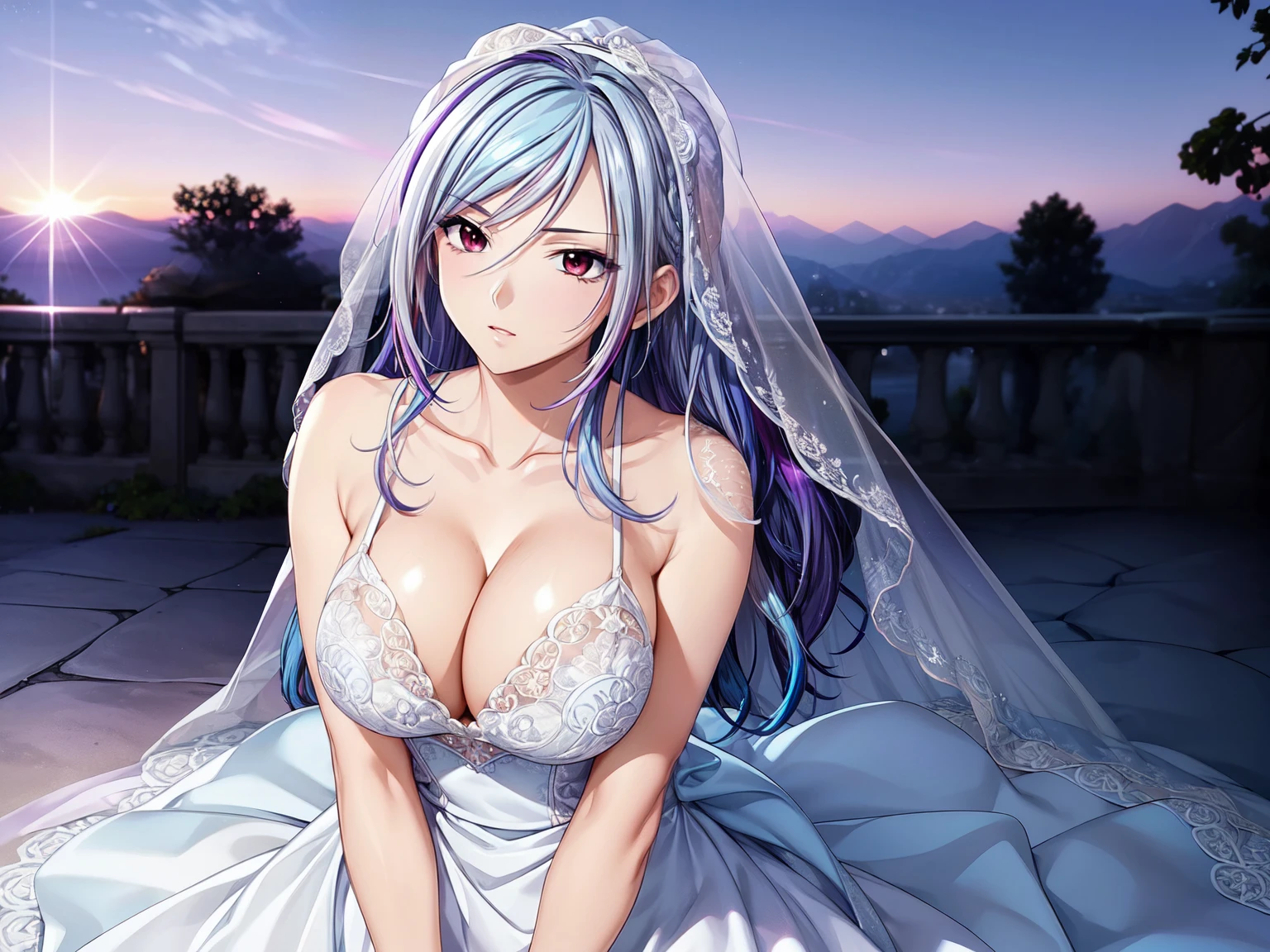 (masterpiece, best quality, beautiful and aesthetic:1.3), look back, side view, 1woman, solo, matured woman, (Silver blue hair streaked purple:1.4), (Gradient sky blue hair ends:1.6), hair strand, absurdly long hair, single sidelock, wavy hair, shiny hair, floating hair, (deep red eyes), delicate eyes, aqua eyes, super high detailed eyes, long upper eyelashes, makeup, Focus on face, Very detailed facial, Perfect breasts, hot body, (Delicate skin texture:1.2), bridal veil, lace-trimmed dress, see-through, wedding dress, outdoors, white roses, garden, morning, standing, extreme detailed, (A little embarrassing)
