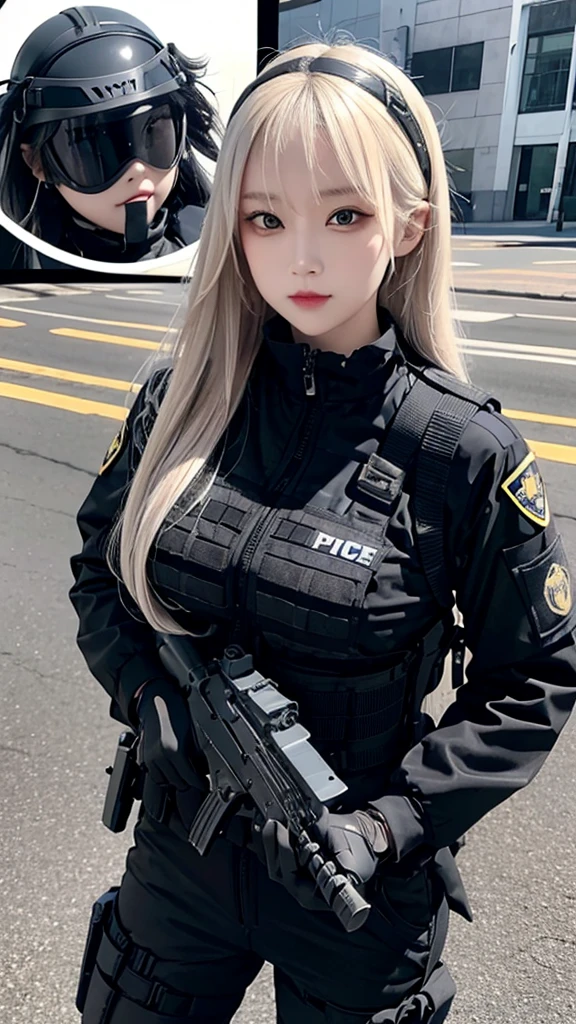 Police soldier woman, swat vest, black gloves, swat helmet head, behind long hair, ninja full mask, grip assault ak74, camo skin,