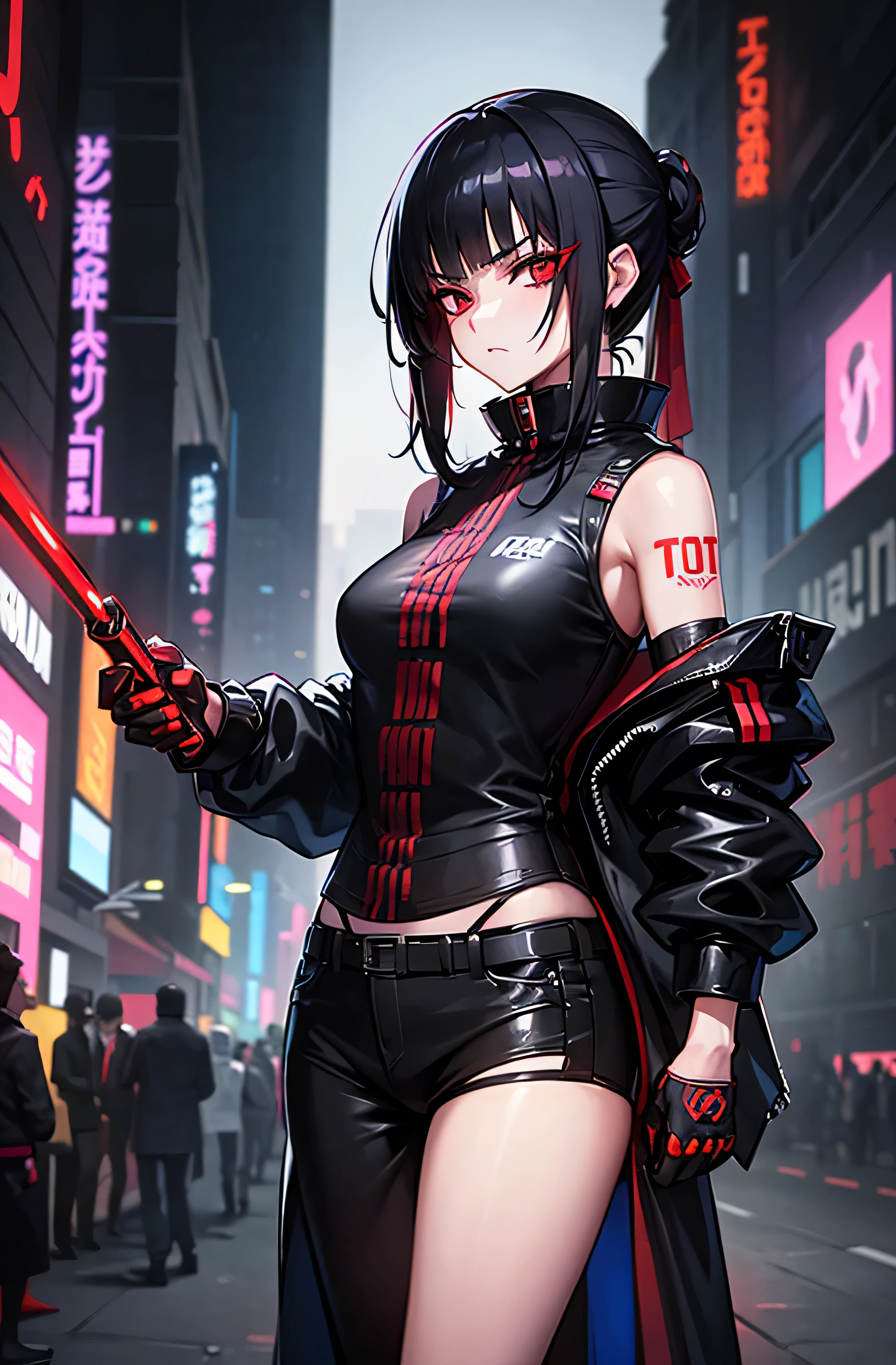 Artwork, une fille, regard agressif, Red eyes, black hair tied, two sabers in the back, dressed in black, tattoo, gangster, Yakuza, Aesthetic, cyberpunk, seductive cyberpunk dark fantasy, Threatening