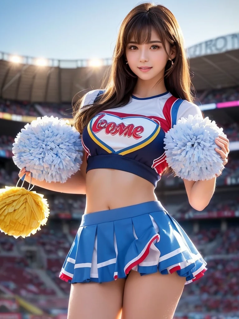masterpiece, Highest quality, Very detailed, High resolution, (Realistic, photoRealistic:1.37), Excellent anatomy, One beautiful woman, 18-year-old, Height: 152cm, Cheerleader, (Holding large colorful pom-poms in both hands:1.4), A small smile, cheer leading, ブルーCheerleader uniform, (shape), Micro Pleated Mini Skirt, No underwear, ((Very delicate and beautiful)), ((Stadium Background:1.2)), Brown Hair, Long Hair, bangs, Very beautiful face, Cute type, Big Natural Color Lip, Small and cute nose, Big and pretty eyes, Brown eyes, Obvious double, Shiny highlight spots around the eyes, Character Focus, Tilt your head, The best light, Best Shadow, mysterious, Perfect Face, Very detailed, Soft Skin, (Glowing Skin, Sweaty: 1.2), Beautiful feet, Voluptuous thighs, Plump body, Huge breasts, (Expresses the roundness and softness of the chest area.........1), Beautiful body, (A perfect feminine figure), Spread your legs, (Provocative dynamic pose), Skirt flip, (Pussy)