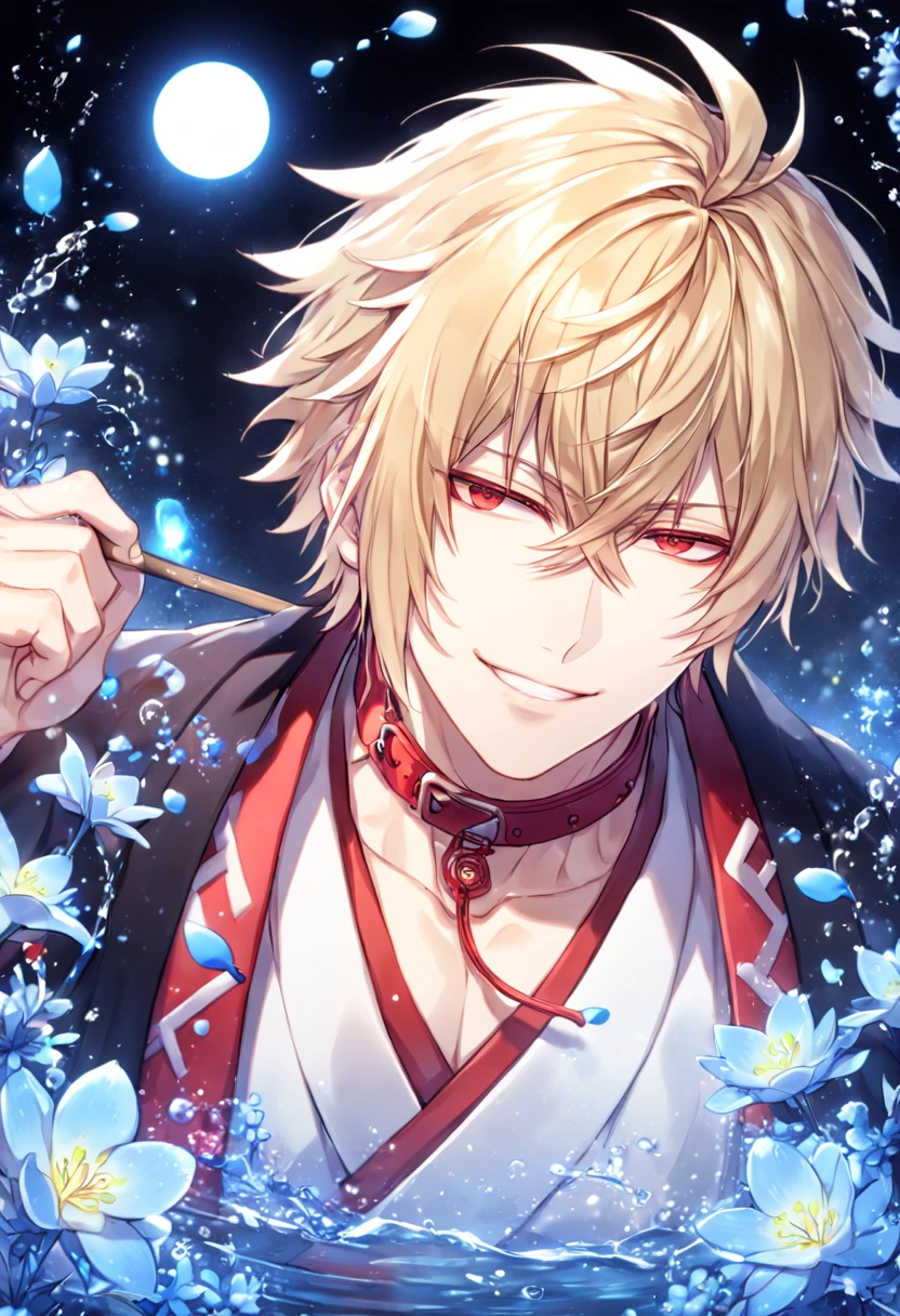 absurdres, highres, ultra detailed, HDR, master piece, Kazama Chikage, honey blonde hair, expressive red eyes, black haori with yellow trimming, white kimono with red trimming, red collar, Hakuouki, man, handsome, best quality, blue moon, flowers, fantasy, magical, solo, water, blue shining fireflies, blue petals, handsome smile, sensual