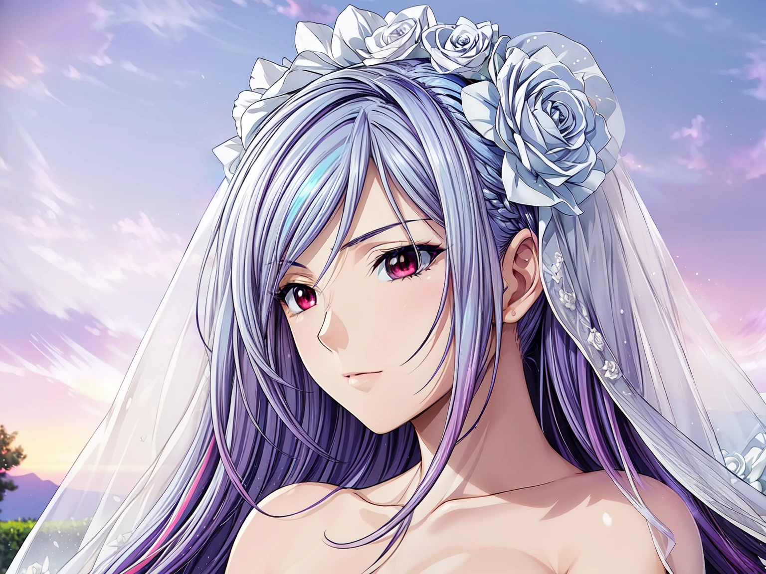 (masterpiece, best quality, beautiful and aesthetic:1.3), look back, side view, 1woman, solo, matured woman,  (Silver blue hair streaked purple:1.4), (Gradient sky blue hair ends:1.6), hair strand, absurdly long hair, single sidelock, wavy hair, shiny hair, floating hair, (deep red eyes), delicate eyes, aqua eyes, super high detailed eyes, long upper eyelashes, makeup, Focus on face, Very detailed facial, Perfect breasts, hot body, (Delicate skin texture:1.2), bridal veil, lace-trimmed dress, see-through, wedding dress, outdoors, white roses, garden, morning, standing, extreme detailed, (A little embarrassing)