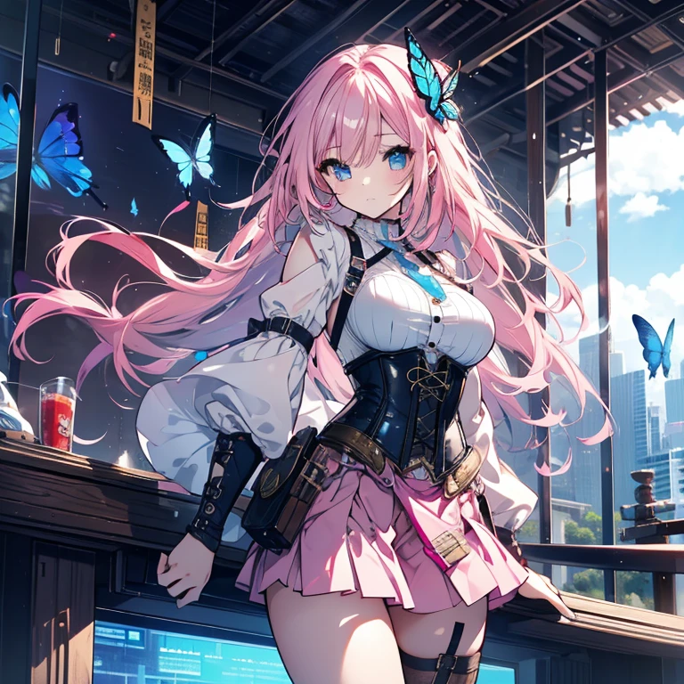 1 girl、Mature、Ample breasts、Pink Hair、Light blue eyes、steampunk outfit、sit、Miniskirt、窓辺にsit、corset、Blue Butterfly、blue sky、Sky City、High resolution、Highest quality
