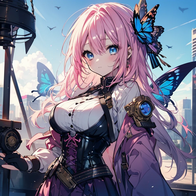 1 girl、Mature、Ample breasts、Pink Hair、Light blue eyes、steampunk outfit、sit、Miniskirt、窓辺にsit、corset、Blue Butterfly、blue sky、Sky City、High resolution、Highest quality