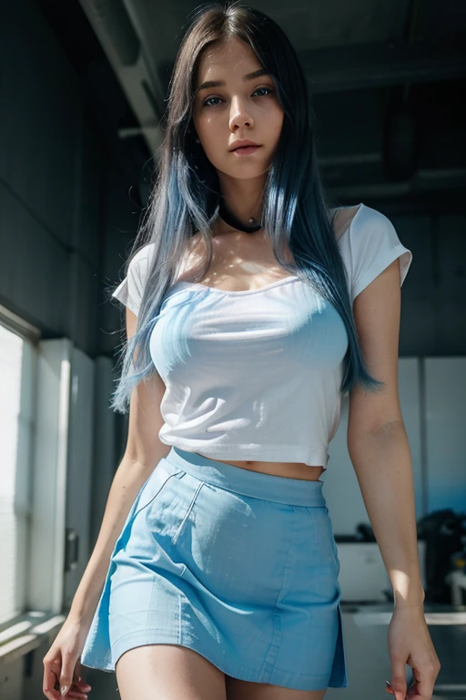 ((masterpiece)), (Best Quality), (detailed), (1 girl), (internal data flow) light blue ombre hair, bright light blue eyes, straight hair, wearing a sexy white shirt and a black skirt, covered by data particles, locked around the neck