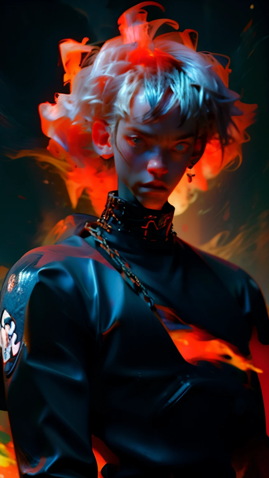 a close up of a person with a black face, African American man,, muscular, God, buzzcut, warrior energy, black long sleeve shirt with silver embroidered typography on sleeve, Crimson Red Flame Aura, Nebular Diamond link chain draped around neck, anime art wallpaper 4 k, high resolution, beast form,anime art, black man, glowing eyes, muscular,badass anime 8 k, anime epic artwork, 4 k manga wallpaper, ultra hd anime wallpaper, dark haircut, minimal hair, buzzcut