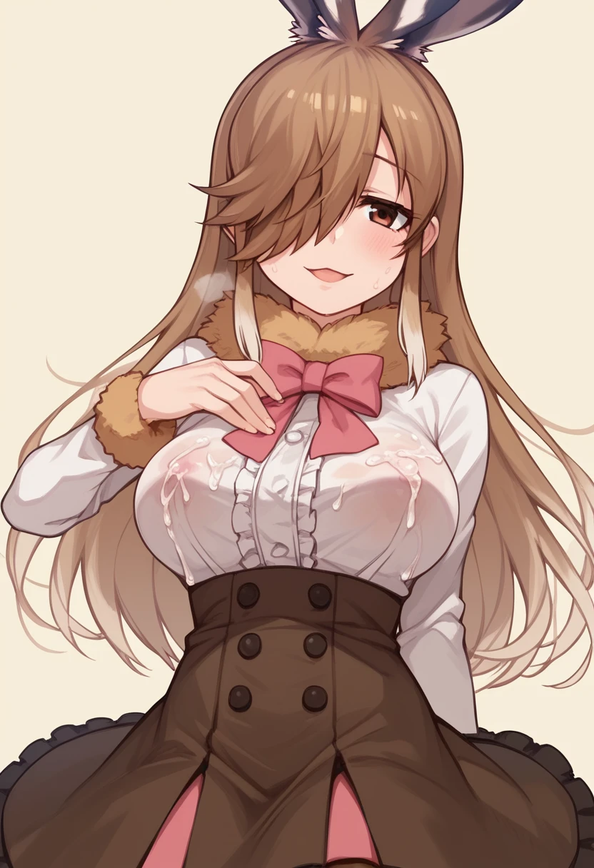 Score_9, Score_8_up, Score_7_up, Score_6_up, Score_5_up, Score_4_up, source_anime, 1girl, anime style, anime screencap, 1girl, european hare \(kemono friends\), horny, excited, heavy breathing, close up, clothed, cum in breasts, cum, wet breasts