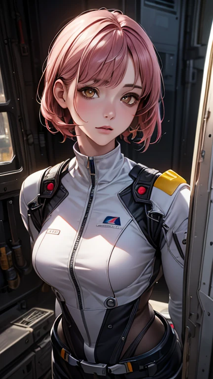 ((Highest quality)),(超High resolution),(Very detailed),(Detailed Description),((The best CG)),(masterpiece),Ultra-detailed art、(Highest quality、8k、32K、masterpiece)、(Realistic)、(Realistic:1.2)、(High resolution)、Very detailed、Very beautiful face and eyes、1 female、Tight waist、Delicate body、(Highest quality、Attention to detail、Rich skin detail)、(Highest quality、8k、Oil paints:1.2)、Very detailed、(Realistic、Realistic:1.37)、Bright colors、Beautiful Japanese Women、Detailed face、Smooth Skin、(masterpiece:1.2, Highest quality), (Realistic, photoRealistic:1.4), Beautiful illustrations, (Natural Side Lighting, Cinema Lighting), Depth of written boundary, 
Best quality, detailed, 8k, high resolution, amazing beauty, short pink hair, yellow eyes, expressionless, white nun-style space suit, ((mechanical body)), sneakers, inside the spaceship, zero gravity, cinematic angle,