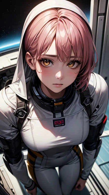 ((Highest quality)),(超High resolution),(Very detailed),(Detailed Description),((The best CG)),(masterpiece),Ultra-detailed art、(Highest quality、8k、32K、masterpiece)、(Realistic)、(Realistic:1.2)、(High resolution)、Very detailed、Very beautiful face and eyes、1 female、Tight waist、Delicate body、(Highest quality、Attention to detail、Rich skin detail)、(Highest quality、8k、Oil paints:1.2)、Very detailed、(Realistic、Realistic:1.37)、Bright colors、Beautiful Japanese Women、Detailed face、Smooth Skin、(masterpiece:1.2, Highest quality), (Realistic, photoRealistic:1.4), Beautiful illustrations, (Natural Side Lighting, Cinema Lighting), Depth of written boundary,
Best quality, detailed, 8k, high resolution, amazing beauty, short pink hair, yellow eyes, expressionless, white nun-style space suit, ((mechanical body)), sneakers, inside the spaceship, zero gravity, cinematic angle,