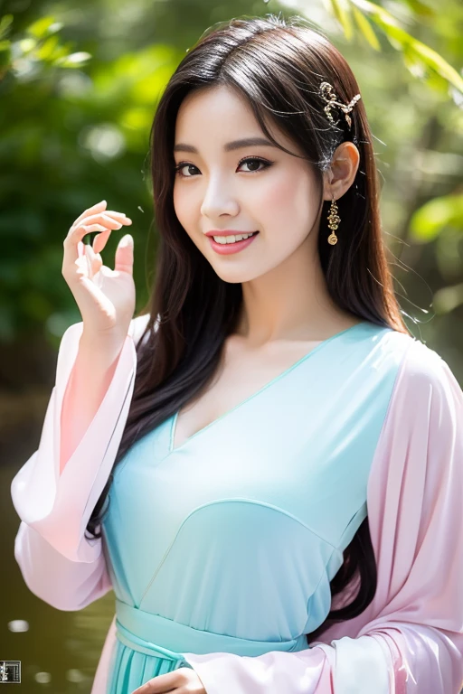 (A gorgeous & youthful Chinese lady, fashion model, [[[[closeup cleavage]]]], [[[[boobgasm]]]], [[[[coll]]]], [[[[bshoulders]]]], perfect face, perfect  eyes, Perfect iris，Perfect lips，perfect teeth，Perfect skin, Perfect body anatomy, Ample round bosom, Natural Sunlight, Sun Rays, lens flare, Movie girl, kind smile,


Translucent silky hanfu, Pure white & pink color, ancient Chinese clothing, Elegant Chinese long dress, long sleeves, feminine & graceful, cute princess, hands on hip,


SFW, Outdoors in ancient China，Pavilions，small bridges，flowing water，waterfall，Forest，HDR, 4K Ultra HD, Ultra-high resolution, (Photorealistic: 1.4), Best quality，Masterpiece，Ultra dilution，（pastel colour：1.2）)