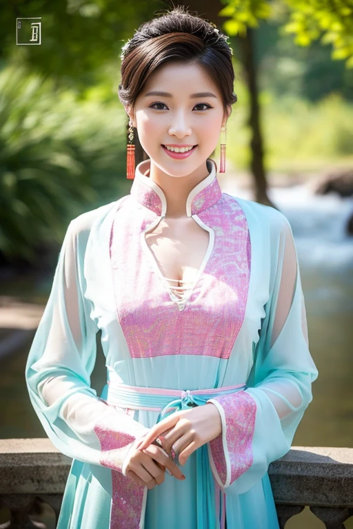 (A gorgeous & youthful Chinese lady, fashion model, [[[[closeup cleavage]]]], [[[[boobgasm]]]], [[[[coll]]]], [[[[bshoulders]]]], perfect face, perfect  eyes, Perfect iris，Perfect lips，perfect teeth，Perfect skin, Perfect body anatomy, Ample round bosom, Natural Sunlight, Sun Rays, lens flare, Movie girl, kind smile,


Translucent silky hanfu, Pure white & pink color, ancient Chinese clothing, Elegant Chinese long dress, long sleeves, feminine & graceful, cute princess, hands on hip,


SFW, Outdoors in ancient China，Pavilions，small bridges，flowing water，waterfall，Forest，HDR, 4K Ultra HD, Ultra-high resolution, (Photorealistic: 1.4), Best quality，Masterpiece，Ultra dilution，（pastel colour：1.2）)