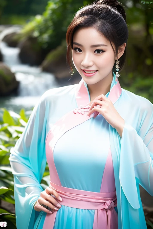 (A gorgeous & youthful Chinese lady, fashion model, [[[[closeup cleavage]]]], [[[[boobgasm]]]], [[[[coll]]]], [[[[bshoulders]]]], perfect face, perfect  eyes, Perfect iris，Perfect lips，perfect teeth，Perfect skin, Perfect body anatomy, Ample round bosom, Natural Sunlight, Sun Rays, lens flare, Movie girl, kind smile,


Translucent silky hanfu, Pure white & pink color, ancient Chinese clothing, Elegant Chinese long dress, long sleeves, feminine & graceful, cute princess, hands on hip,


SFW, Outdoors in ancient China，Pavilions，small bridges，flowing water，waterfall，Forest，HDR, 4K Ultra HD, Ultra-high resolution, (Photorealistic: 1.4), Best quality，Masterpiece，Ultra dilution，（pastel colour：1.2）)