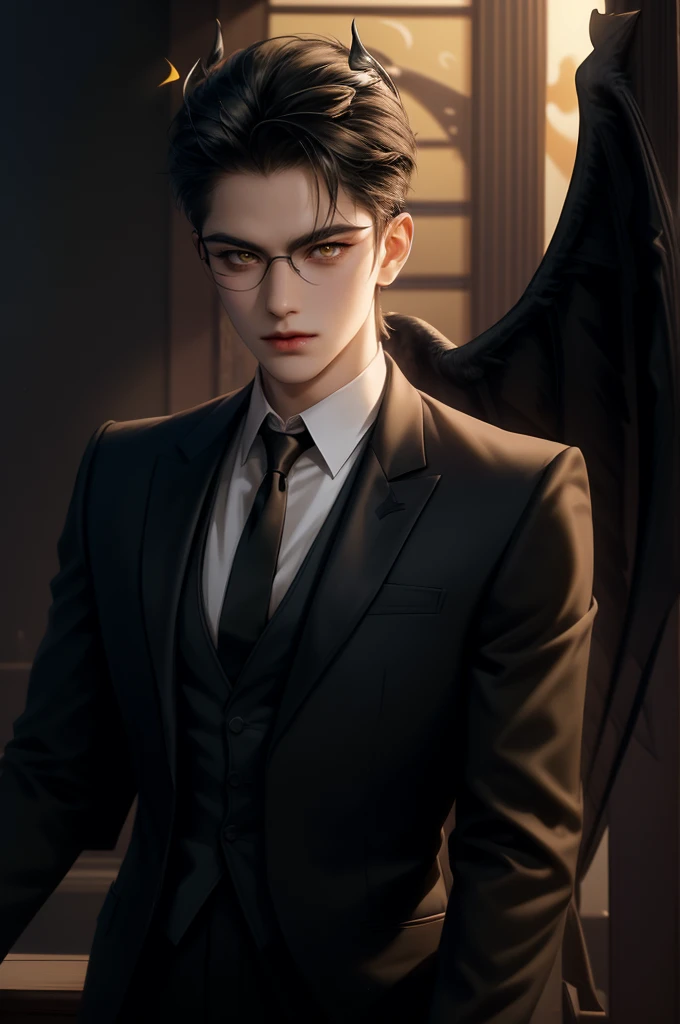 (masterpiece,best quality,ultra_detailed,highres,absurdres) (detailed shadow) (quality light),1 mature male, 21 years old, korean male focus, solo, mid-length black hair, (yellow eyes), ancient temple background, full body, looking at viewer, parted lips, round eyewear, (wearing black suit with tie), (wearing thin glasses), showing a bit of muscles, devilish smirk face, ((has one gigantic Lucifer devil's wing))