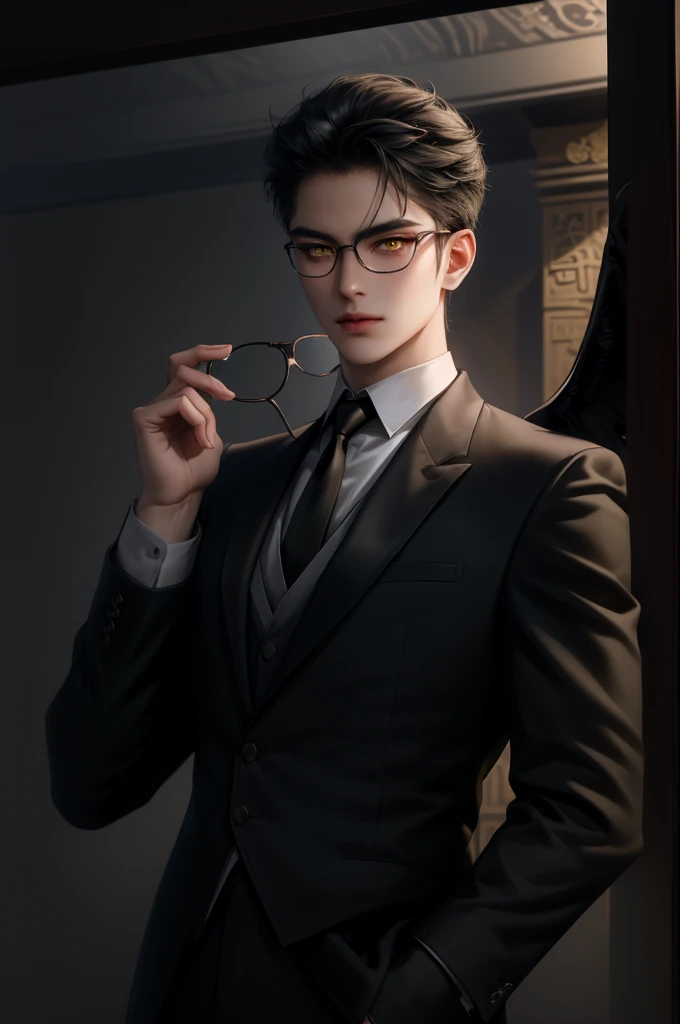 (masterpiece,best quality,ultra_detailed,highres,absurdres) (detailed shadow) (quality light),1 mature male, 21 years old, korean male focus, solo, mid-length black hair, (yellow eyes), ancient temple background, full body, looking at viewer, parted lips, round eyewear, (wearing black suit with tie), (wearing thin glasses), showing a bit of muscles, devilish smirk face, ((has one gigantic Lucifer devil's wing))