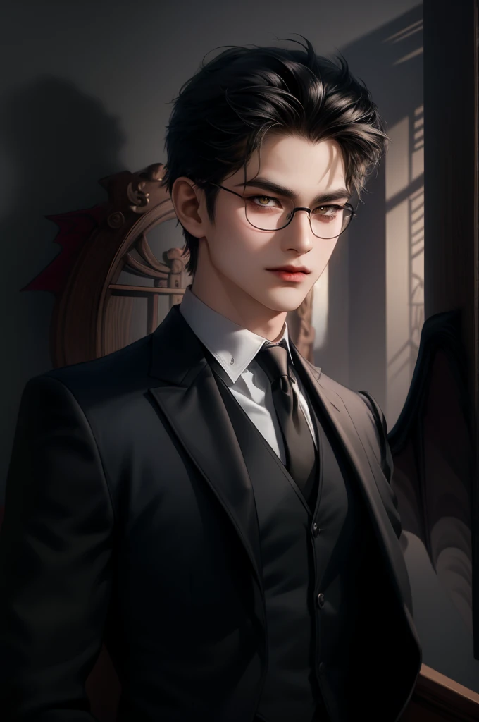 (masterpiece,best quality,ultra_detailed,highres,absurdres) (detailed shadow) (quality light),1 mature male, 21 years old, korean male focus, solo, mid-length black hair, (yellow eyes), ancient temple background, full body, looking at viewer, parted lips, round eyewear, (wearing black suit with tie), (wearing thin glasses), showing a bit of muscles, devilish smirk face, ((has one gigantic Lucifer devil's wing))