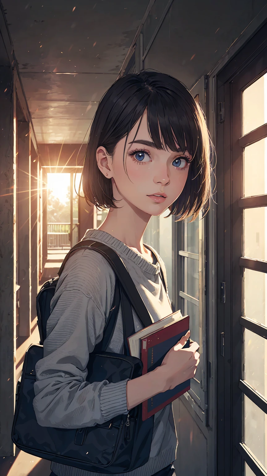 Girl walking down the school corridor, Late Afternoon, beautiful, Detailed face, beautiful eyes, beautiful lips, Long eyelashes, , Book Bag, Sunlight streaming through the window, Warm lighting, Structure of the film, Very detailed, Realistic, 8k, masterpiece, Painting, Digital Art