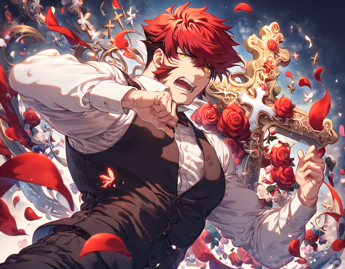 absurdres, highres, ultra detailed, HDR, master piece, best quality, extremely detailed, Klaus Von Reinhertz, red hair, expressive yellow eyes, Kekkai Sensen, solo, sexy man, handsome, white shirt, black vest, cross, red butterflies, petals, magical, red roses, fantasy