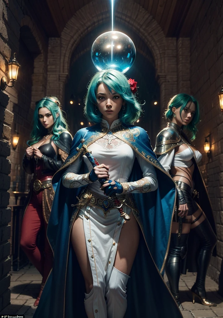 (((3 friends, (2 men): 2, 1 woman) :2, Medieval world): 2). ((redhead woman, blue eyes, White shirt, blue skirt, sword in hand. Homem moreno de blue eyes escuro, villager outfit and holds glowing white sphere. green hair man, jumpsuit and holds bright blue sphere. Red eyes with fluctuating energies, medieval city): 2). extremely detaild, 8k, HdR, natural light, cinematic lighting, masterpiece-anatomy-perfect, ultra HD, raw photo, professional, ultra-fine painting, perfect body proportions, Anatomically correct, UHD, real texture material, anti-aliasing, FKA, THAI, SSAO, Post processing, Post Production, Tone Mapping, cgi, VFX, SFX, Hyper maximalist, volumetric, ultra photorealultra-detailed intricate details.