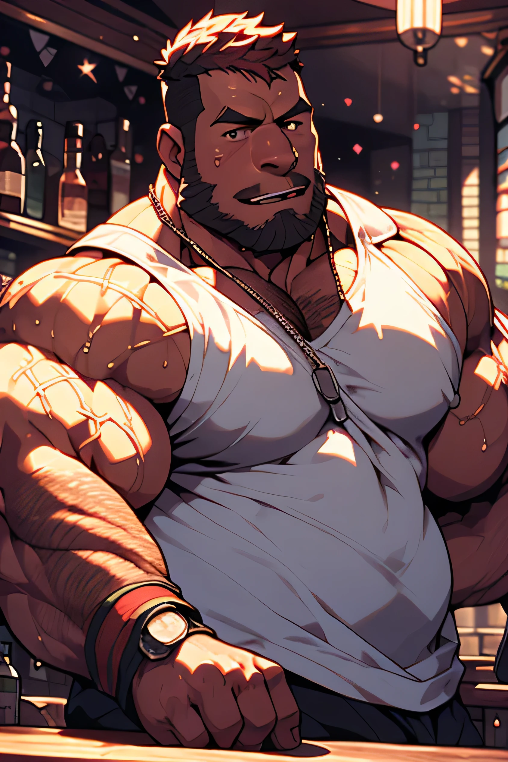 A hairy fat muscled man with a mohawk and a thick beard stands behind a bar counter. He wears a red bandana, chains around his neck. He has tattoos and a circular barbell on his nipples. He wears no shirts revealing his large hairy pecs and hairy belly. He wears a jockstrap which has a bulge in the crotch, his hairy ass is exposed to view. The man is flushed and sweaty.