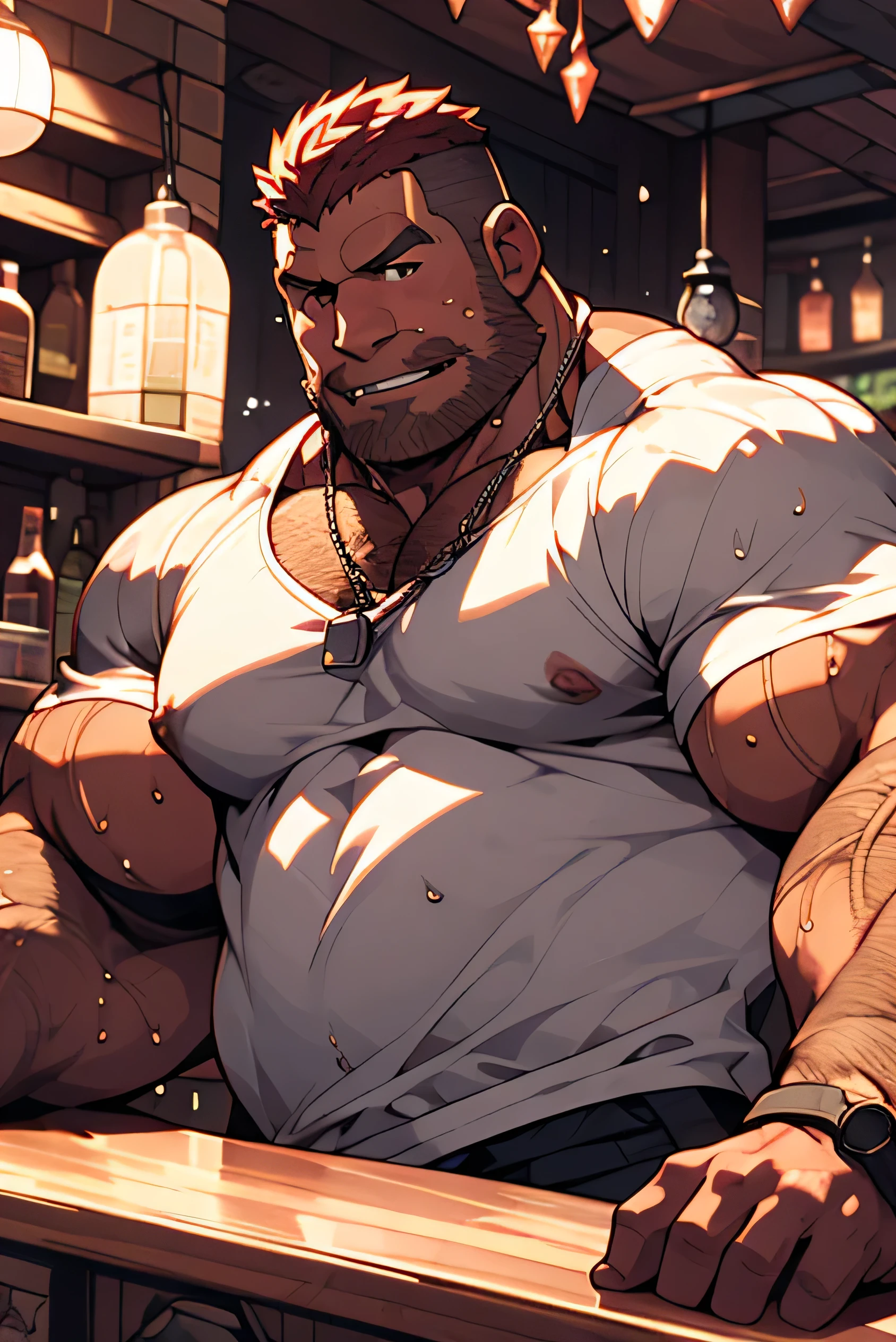 A hairy fat muscled man with a mohawk and a thick beard stands behind a bar counter. He wears a red bandana, chains around his neck. He has tattoos and a circular barbell on his nipples. He wears no shirts revealing his large hairy pecs and hairy belly. He wears a jockstrap which has a bulge in the crotch, his hairy ass is exposed to view. The man is flushed and sweaty.