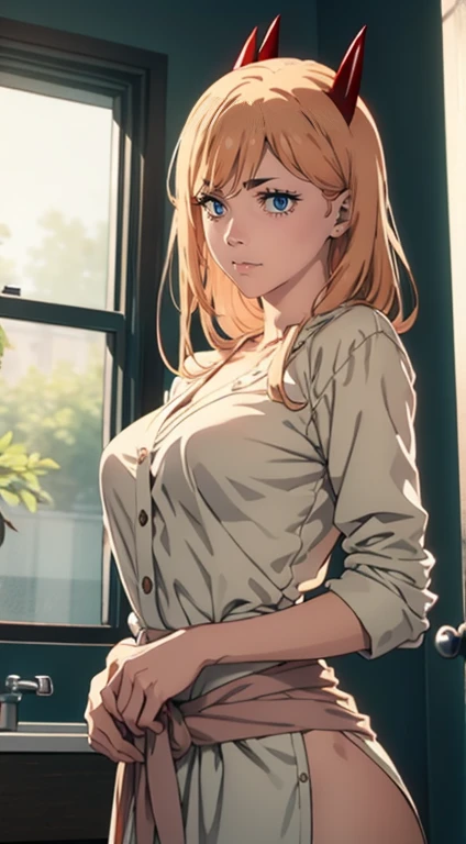 stands in full growth, a bathrobe, nurse costume, White costume, Beautiful waist, You can see the whole figure, nice feet, waist, buttocks, ultra sharp image, Beautiful figure, Beautiful little breasts, sexypose, sharp teeth, laughting, ultra detail face, Ultra Transparent, Chainsaw Man Energy, Two red sharp horns on the head, ultra sharp image, Ultra Beautiful, little chest. hairlong, blonde woman, Beautiful figure, taut clothes, red-eyes, Red crosses and circles instead of pupils, handsome body, sexy clothes, Beautiful eyes, very detailed eyes, Very detailed face, handsome body, Cherecter Desing, Very detailed, Detailed body, Detailed hands, Detailed, Vibrants, Detailed Face, sharp-focus, WLOP, artgerm, anime art, Vibrants, Detailed Face, Hugh Details, sharp-focus, Very drooping face, A detailed eye, super fine illustration, better shadow, finely detail, Beautiful detail