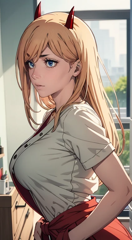 stands in full growth, a bathrobe, nurse costume, White costume, Beautiful waist, You can see the whole figure, nice feet, waist, buttocks, ultra sharp image, Beautiful figure, Beautiful little breasts, sexypose, sharp teeth, laughting, ultra detail face, Ultra Transparent, Chainsaw Man Energy, Two red sharp horns on the head, ultra sharp image, Ultra Beautiful, little chest. hairlong, blonde woman, Beautiful figure, taut clothes, red-eyes, Red crosses and circles instead of pupils, handsome body, sexy clothes, Beautiful eyes, very detailed eyes, Very detailed face, handsome body, Cherecter Desing, Very detailed, Detailed body, Detailed hands, Detailed, Vibrants, Detailed Face, sharp-focus, WLOP, artgerm, anime art, Vibrants, Detailed Face, Hugh Details, sharp-focus, Very drooping face, A detailed eye, super fine illustration, better shadow, finely detail, Beautiful detail