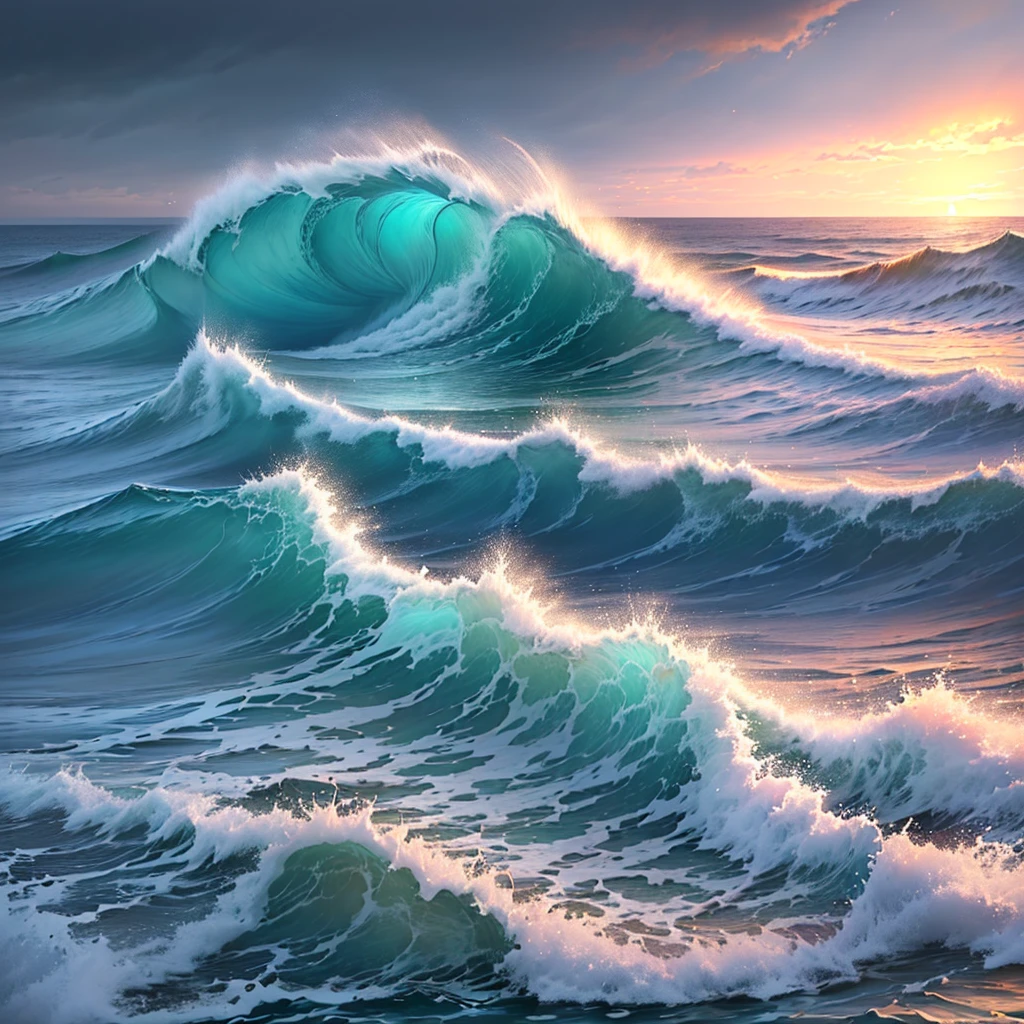 the ocean with waves, low detailed. digital painting, digitally painted, digital painted, a digital painting, godrays digital painting, sea and horizon line, in style of digital painting, some clouds, sketch of an ocean in ms paint, high detail digital painting