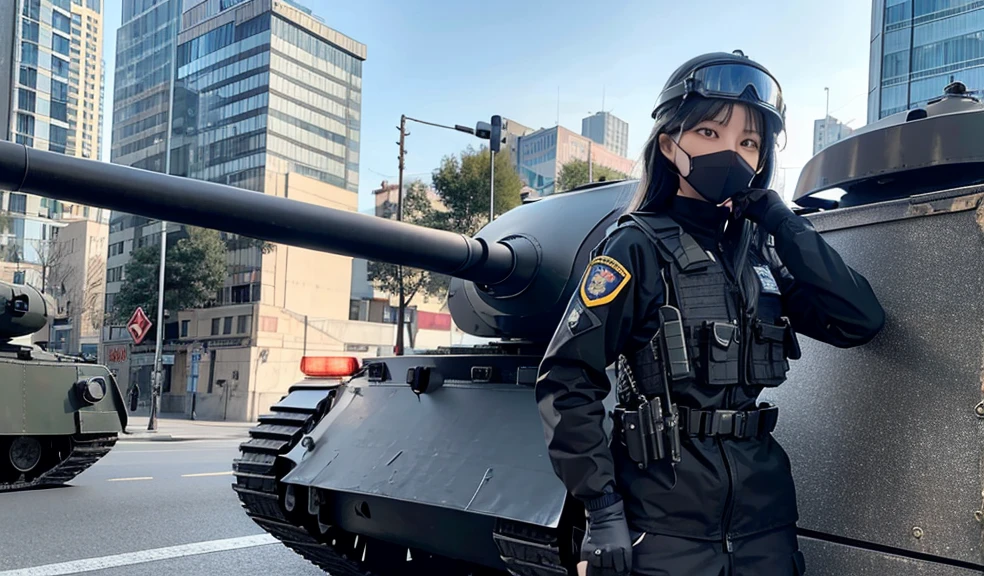 Police soldier woman, swat vest, black gloves, swat helmet head, behind long hair, ninja full mask, grip assault ak74, ((behind military tank truck))