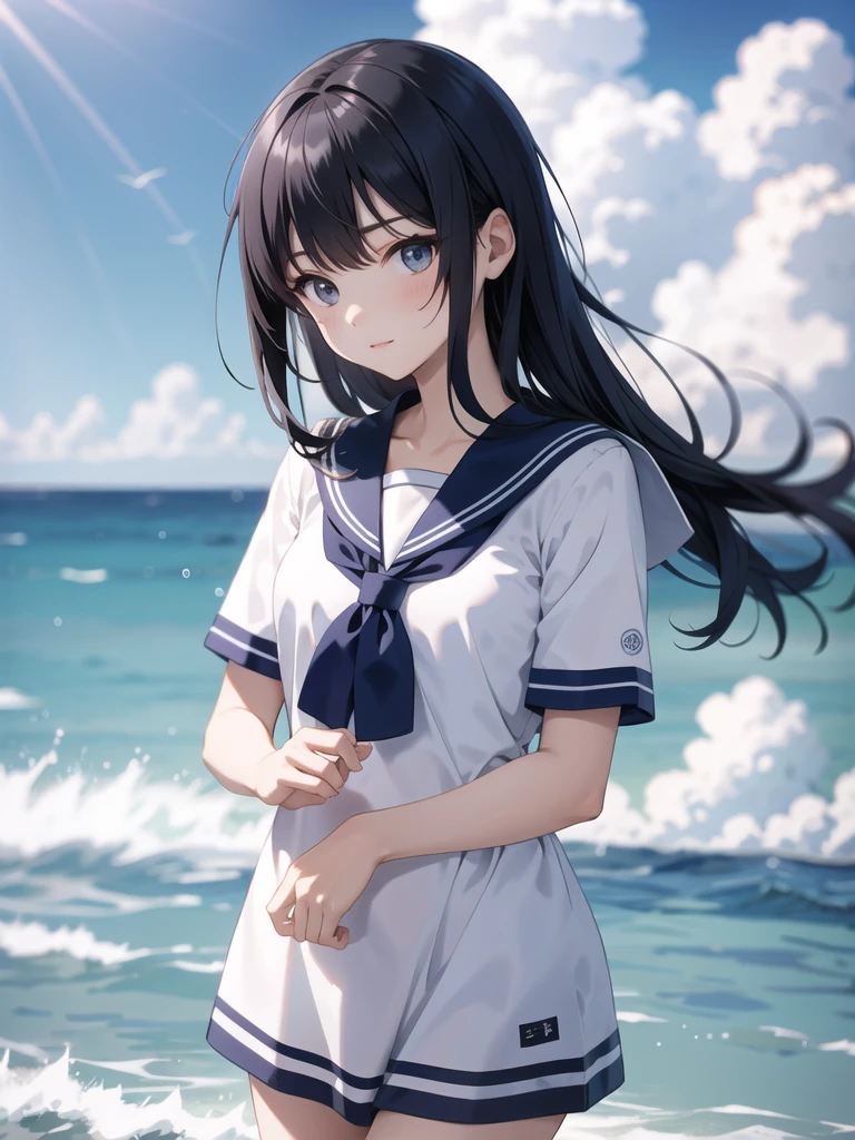 Ocean, Sailor suit, girl, Upper Body