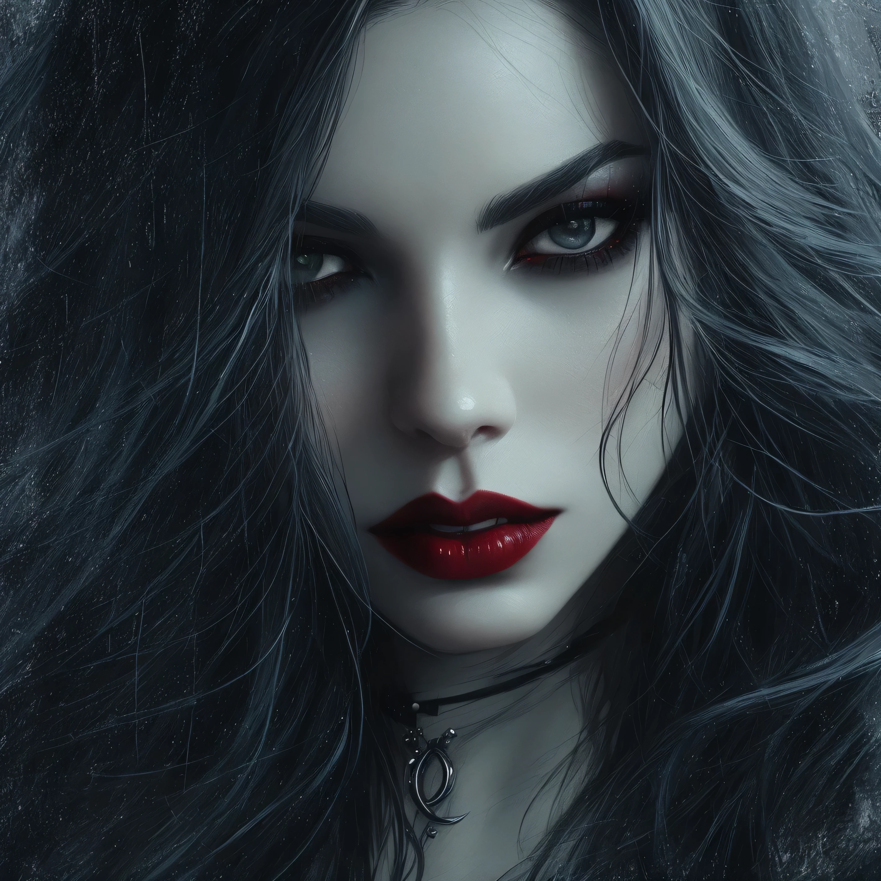 portrait of a woman with red lipstick and choke, vampire portrait, black fantasy portrait, cute face. black fantasy, black fantasy style art, in style of black fantasy art, black fantasy mixed with realism, Dark digital art, but detailed, portrait of the beautiful vampire, style of charlie bowater, detailed matte fantasy portrait, Gothic girl face