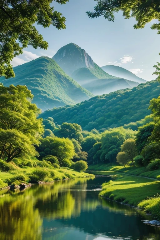 "A tranquil river meandering through a picturesque landscape. The water shimmers under the sunlight, casting playful reflections. Cartoon-style distant hills and lush foliage surround the scene, creating an expansive and peaceful ambiance