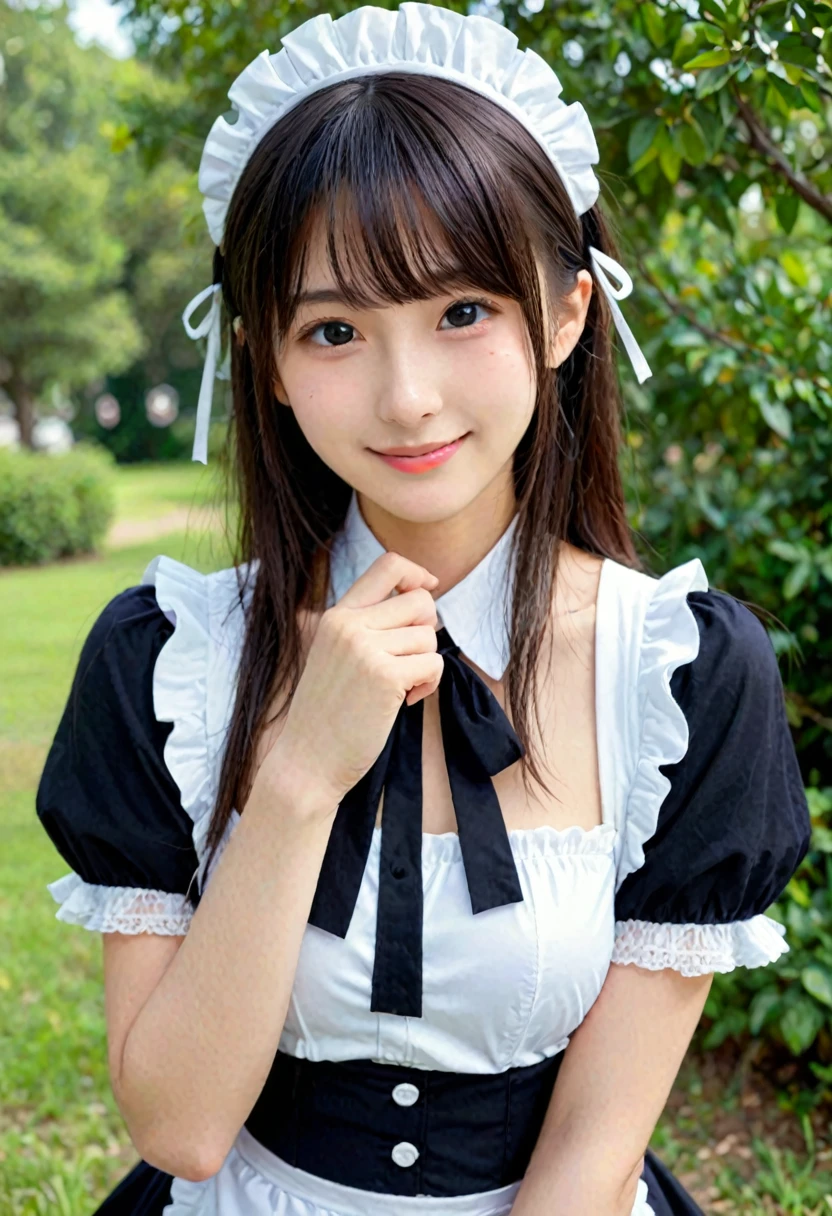 score_9, score_8_up, score_7_up, 1girl, japanese girl, cute, kawaii, beautiful face, perfect face, perfect body, smile, maid, maid suits, black pleated skirt, detailed eyes, shiny skin, standing, medium breasts, skinny, upper body, face focus, depth of field, simple background, outdoors, looking at viewer, jpn-girl, extremely detailed