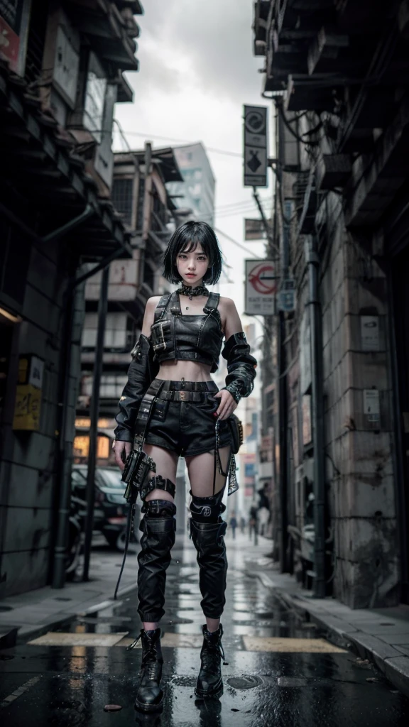 ((Best quality)), ((masterpiece)), (highly detailed:1.3), 3D, beautiful (cyberpunk:1.3) street samurai woman with thick shapeless hair, pistols worn on hips.