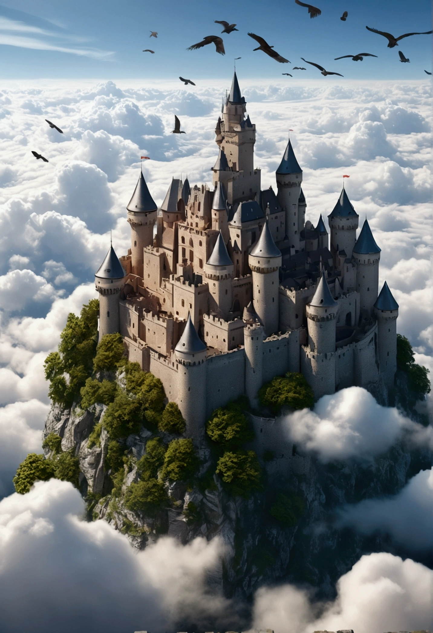 ((A vast world above the clouds:1.2)), (((Clouds as far as the eye can see))), (A large and magnificent castle in the center), The castle town spreads around the castle, Countless birds flying around the castle, during daytime, The sky is clear, (Photorealsitic, 8K, masutepiece:1.3) image size 1080x1920, phone wallpaper size