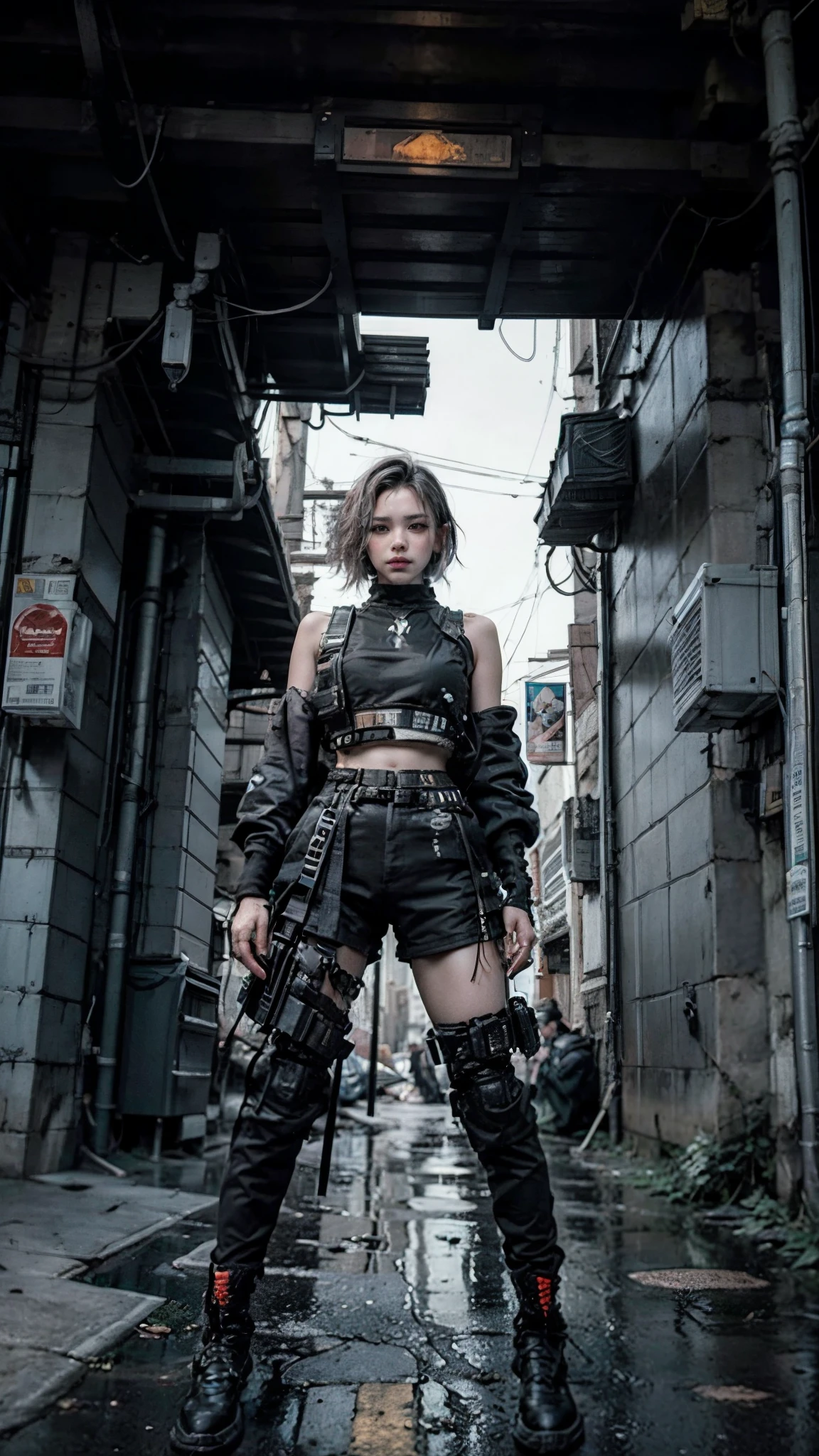 ((Best quality)), ((masterpiece)), (highly detailed:1.3), 3D, beautiful (cyberpunk:1.3) street samurai woman with thick shapeless hair, pistols worn on hips.