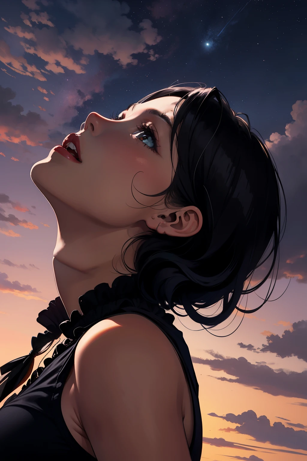 Chica de cabello negro de espaldas, looking up at the crimson twilight sky