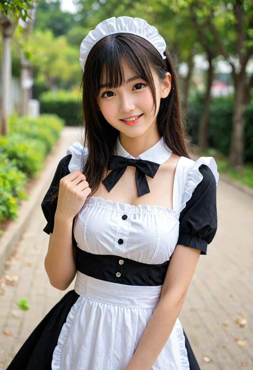 score_9, score_8_up, score_7_up, 1girl, japanese girl, cute, kawaii, beautiful face, perfect face, perfect body, smile, maid, maid suits, black pleated skirt, detailed eyes, shiny skin, standing, on side, medium breasts, skinny, upper body, face focus, depth of field, simple background, outdoors, looking at viewer, jpn-girl, extremely detailed