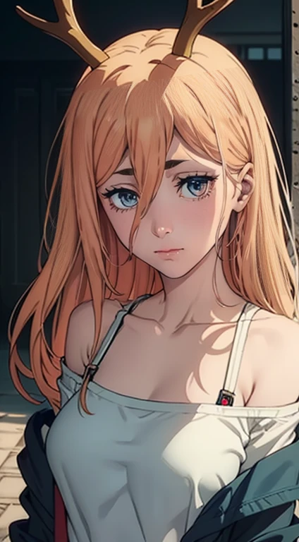 work of art, Altamente detailded, best qualityer, extra high resolution, 1 girl, antlers, long hair, looking a viewer, medium breasts,, plein-air, might (chainsaw man), giorno,  blusher, ssmile, Blue jacket, pants, demônio de antlers, yellow  eyes, cross-shaped pupils, chemise, hair between the eyes, Black pants, (Off The Shoulder:1.3), (partially_unbuttoned:1.2), Ultra transparent white shirt, Chainsaw man energy, Dois antlers vermelhos afiados na cabeça, ultra clear image, ultra beautiful, . long hair, blonder woman, beautiful figure, tight clothing, T-shirt with an image of a cat, shorts jeans, shoe, yellow  eyes brilhantes, Red crosses and circles instead of students, Body cute, sexy clothes, gorgeous eyes, Olhos muito detaildeds, Muito detailded face, Body cute, Chereter Desing, Muito detailded, detailded body, detailded hands, detailded, Vibrant, detailded Face, sharp focus, WLOP, artgerm, Anime Art, Vibrant, detailded Face, Hugh Details, sharp focus, Very droopy face, Um olho detailded, super fine illustration, best shade, fine-details, Beautiful Detail